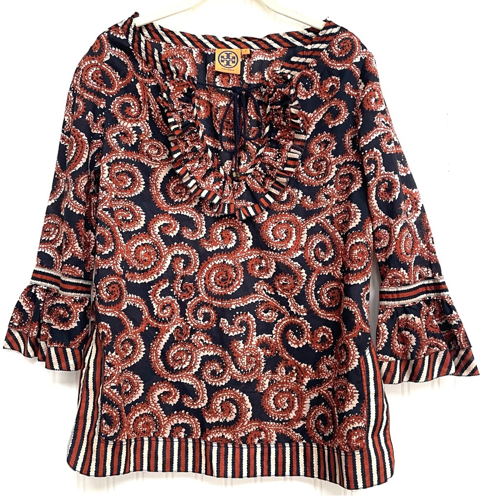 Tory Burch 100% Cotton Boho Blue Orange Blouse Size 8